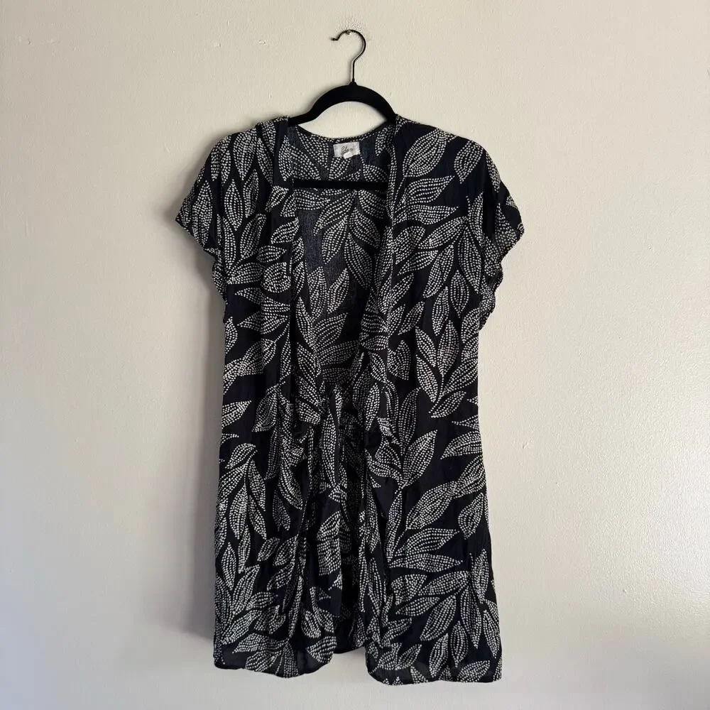 Elan Black + Cream Leaf Print Short Sleeve Tie Front Swimsuit Coverup Medium